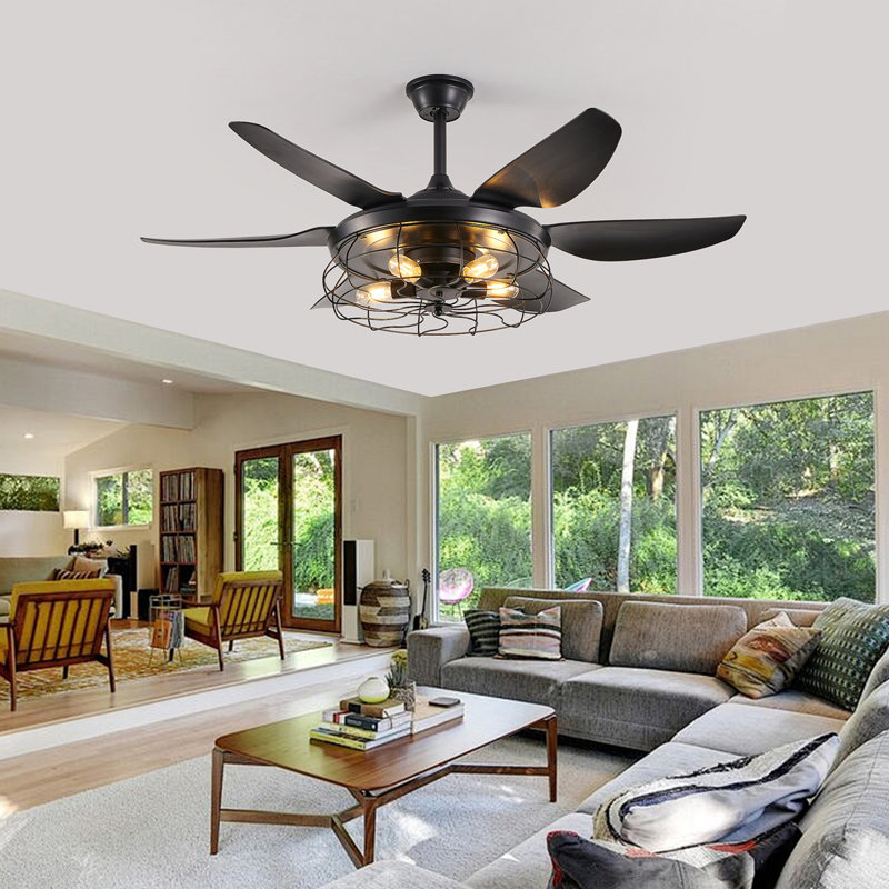 Ventilateur de plafond moderne de 52 po avec lumière, 6 pales de ventilateur et conception de cage industrielle, vitesse réglable pour le salon, la chambre à coucher, la salle à manger (silencieux / 6 vitesses / réversible / moteur à courant continu) (ampoule non incluse)
