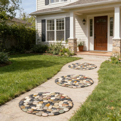 3-Pack 12" Round Riverstone Stepping Mats, Polyresin Non-Slip Garden Pavers, Smooth Stone Finish, Weatherproof, For Lawn Patio Pathway