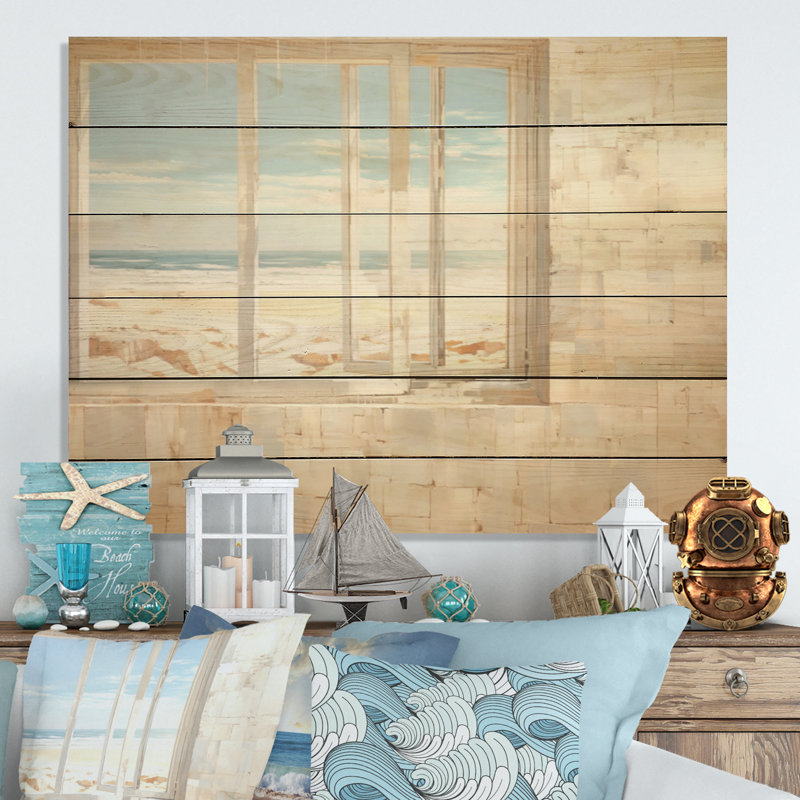 Fenêtres de plage, Horizon I - Fenêtres côtières, art mural sur bois de pin naturel, H 10 po x l 20 po