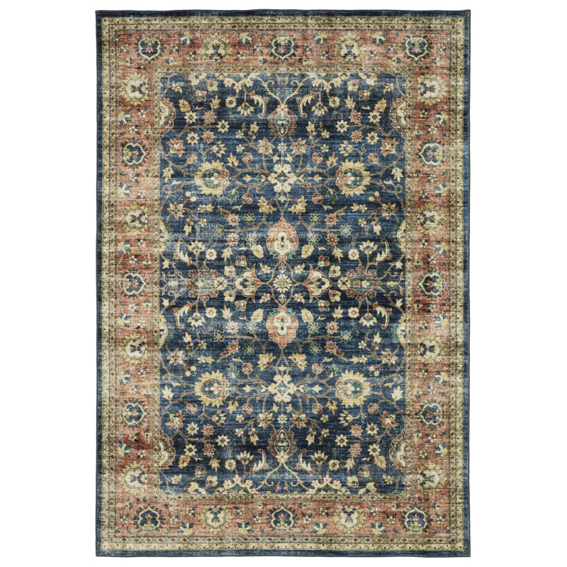 Jacqueli Vintage Bordered Traditional Blue/ Rust Washable Area Rug Mat, Rectangle 2' x 3'