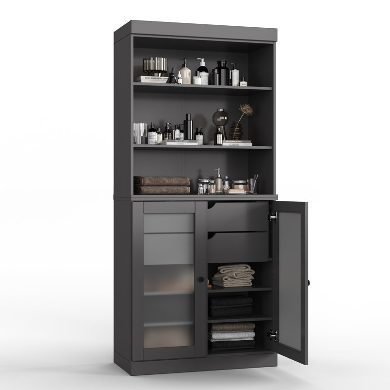 32" 100% Solid Wood Freestanding Bathroom Cabinet with Frosted Glass Doors, 2 Drawers & Adjustable Shelves – Modern Bathroom Storage