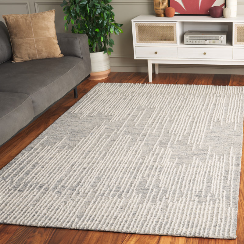 Tapis abstrait en laine / coton touffeté à la main Valeshia gris / gris clair / ivoire, Rectangle de 5 pi x 8 pi