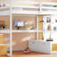 Lit mezzanine double avec bureau et tablettes, deux tiroirs intégrés, escalier de rangement et lit-574029438