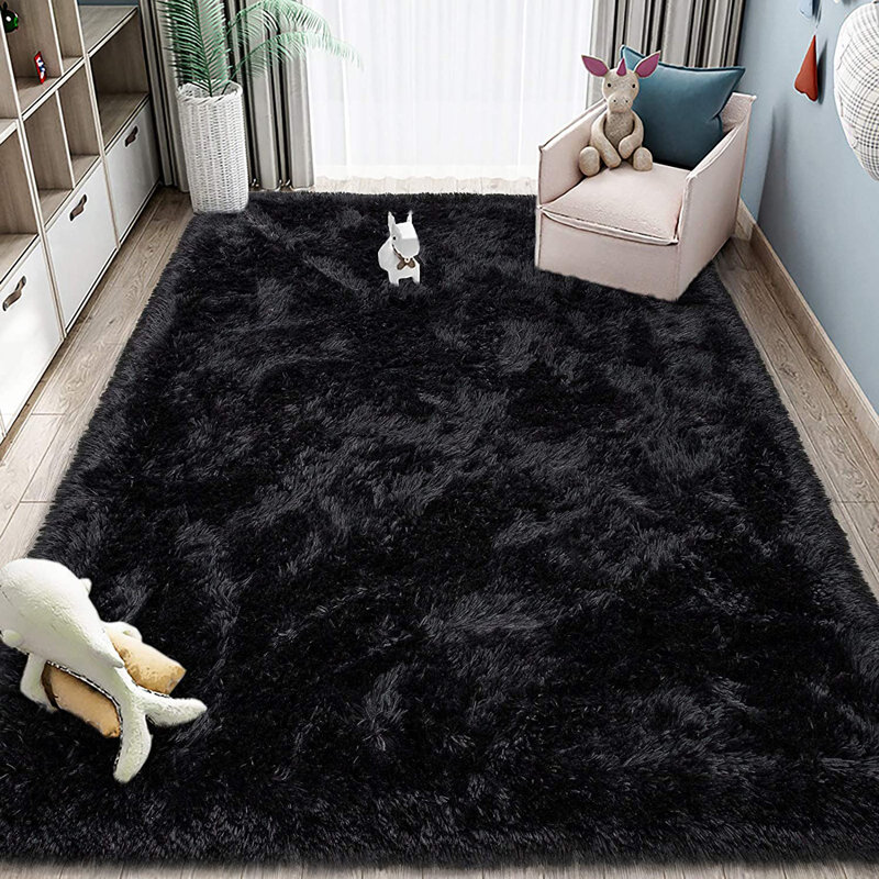 Hagay Shag Fluffy Faux Sheepskin Fur Area Rug in Black, Rectangle 3' x 4' 