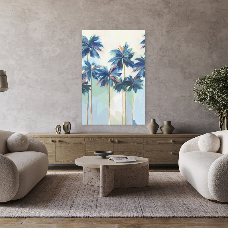 Coucher de soleil bleu sarcelle Pams II abstrait expressionniste serein palmier art tropical côtier, H 48 po x l 32 po
