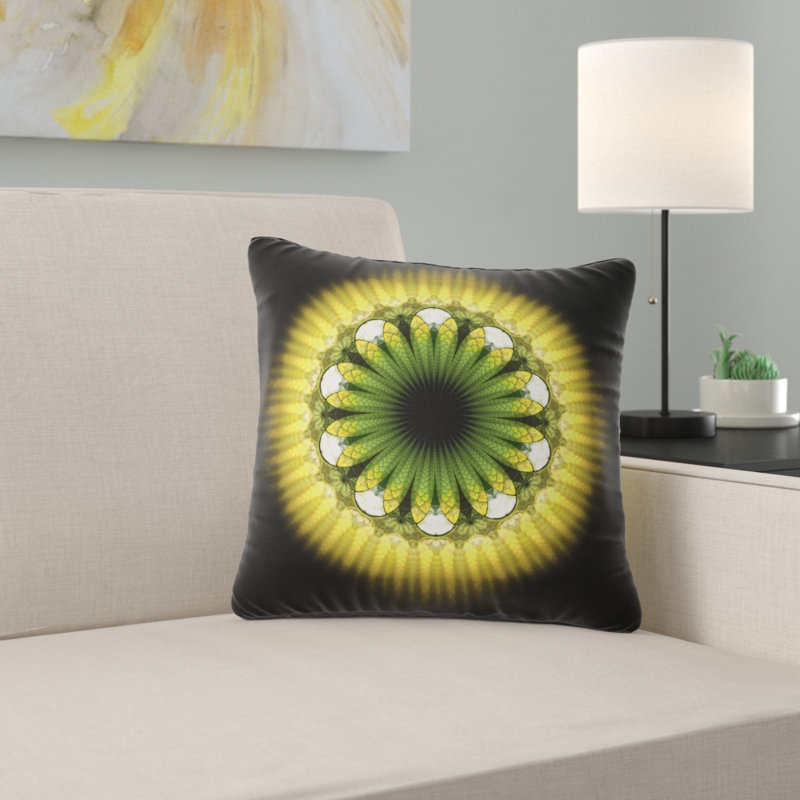 Motif de fleur noir et jaune fractal - coussin imprimé abstrait, 18 po x 18 po, Coussin décoratif