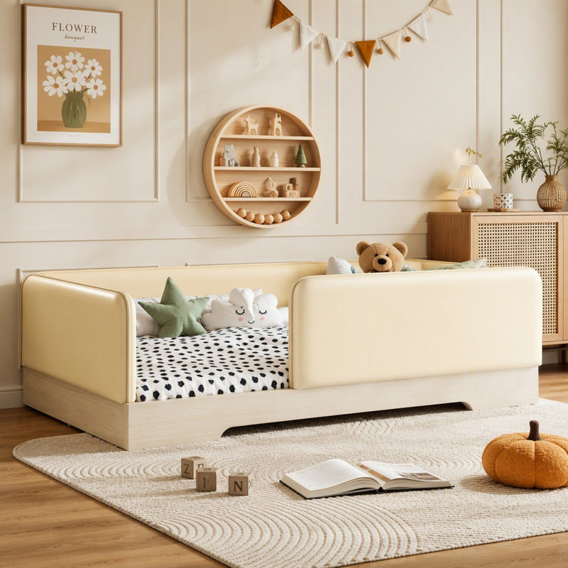 Lit simple tapissier pour enfants, cadre de lit en cuir Montessori avec garde-corps amovibles, lit plateforme à profil bas pour garçons filles, beige