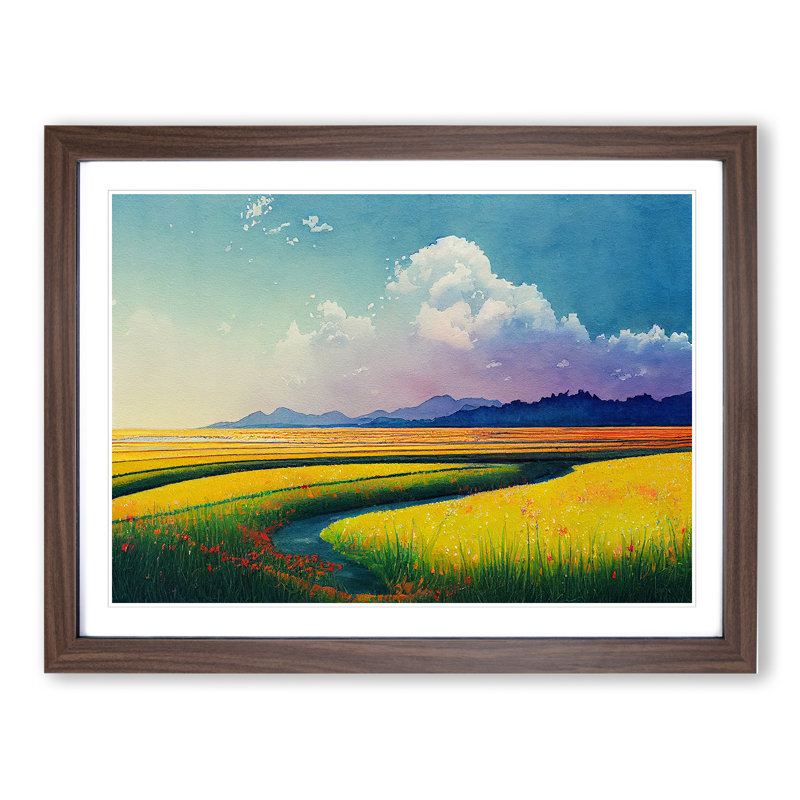 Spring Meadow Landscape View - Framed Print, 34cm H x 46cm W x 2cm D, Walnut