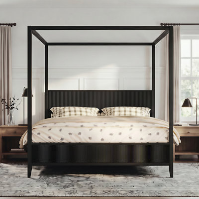 King Size Wooden Canopy Platform Bed With Support Slats,Black