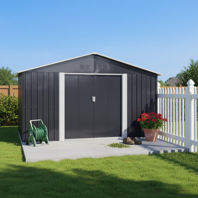 Roomfitters 11.2x10.6 Ft Metal Storage Shed Outdoor Backyard Garden House Sliding Door Lockable Tool Storage Box Vents, Grey