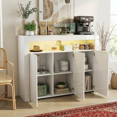51.18" W Modern Freestanding Sideboard with Led Light and 3 Doors High Gloss White Finish