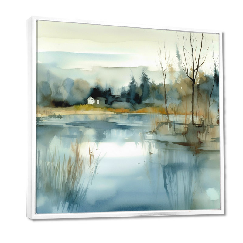 Summer Lake Landscape Illustration V - Lake, art mural, H 24 po x l 24 po x P 1 po, Cadre flottant blanc