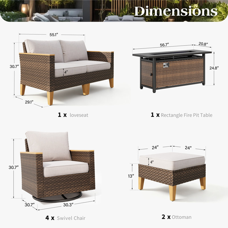 Ensemble de conversation d'extérieur en osier avec chaises pivotantes et table de foyer Argyri, Oui
