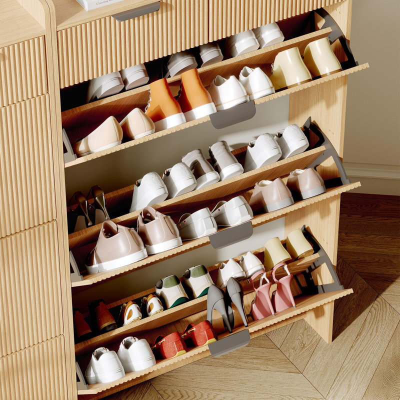Wave Design Slim Shoe Cabinet with 3 Flip Drawers & 2 Top Drawers – Entryway Organizer with Side Hook and Raised Tabletop