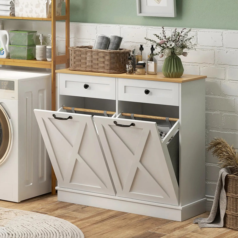 White MDF Double Tilt-Out Laundry Hamper Cabinet with Drawers