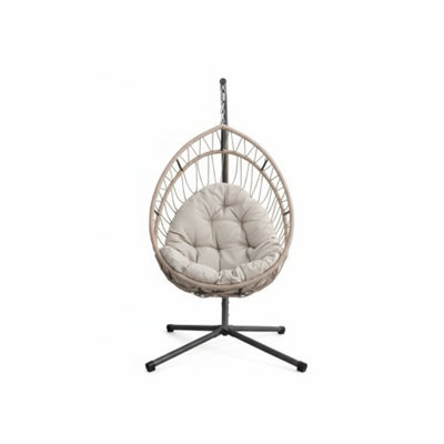 Wicker Egg-Shaped Hanging Chair With Stand, Indoor/Outdoor Swing Rocking Hammock, Linen Gray
