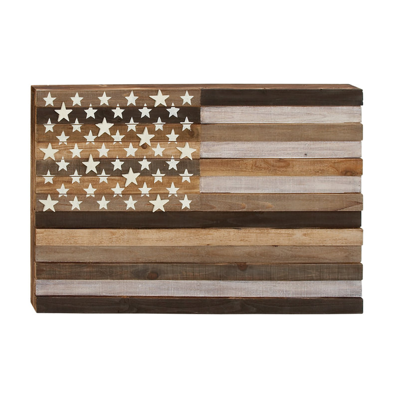 Handmade Washed Brown and Cream Wood American Flag Wall Decor