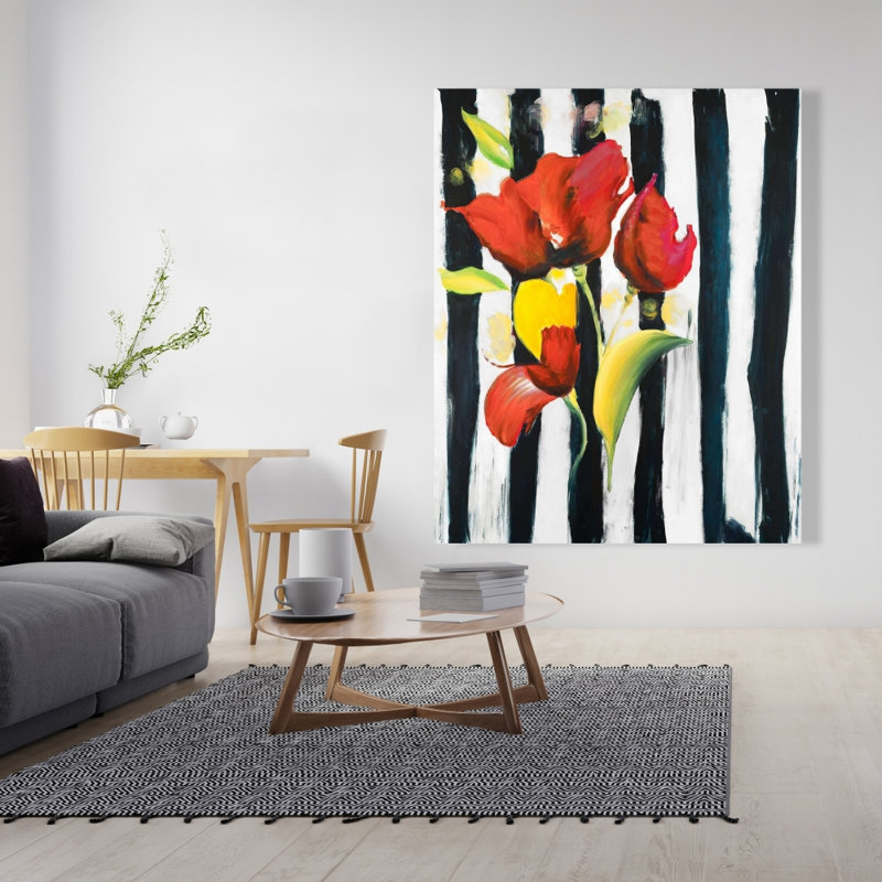 Fleurs rouges sur rayures | Décor contemporain en toile