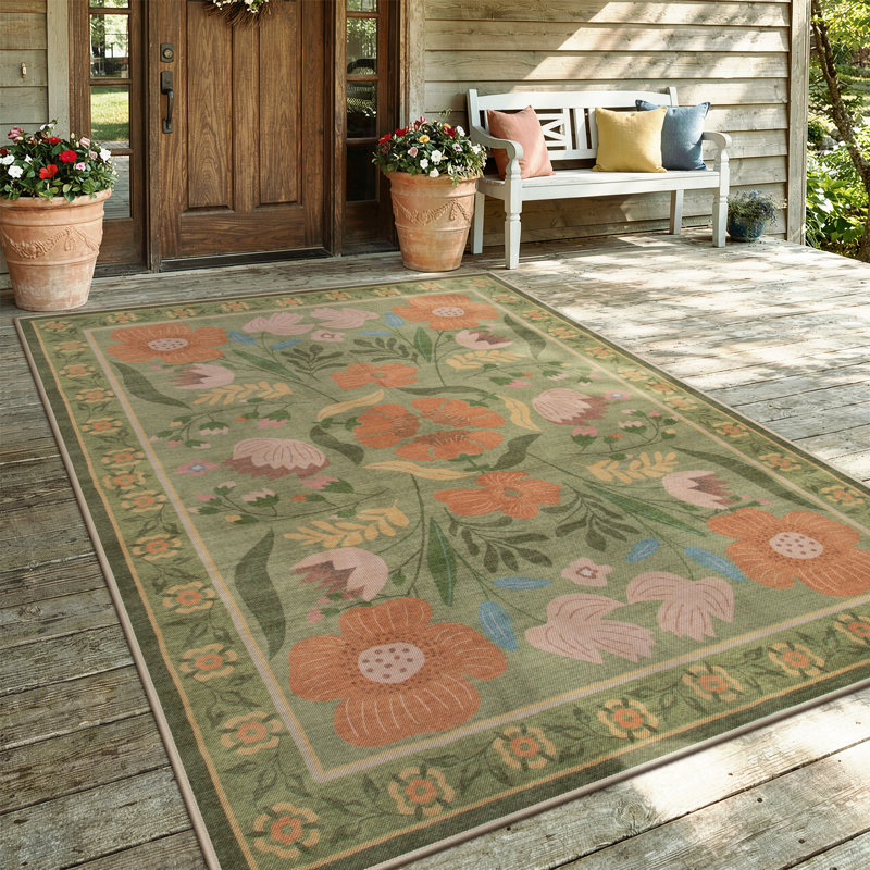 Washable American Countryside Floral  5X8 Green Outdoor Rug, Non Slip Quick-Dry Mesh Rug for  Porch Backyard, Green