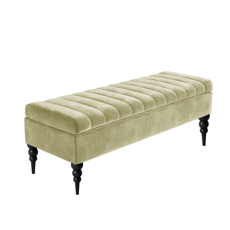 Sierra Striped Upholstered Ottoman Storage Bench - Naples Shoe Bench Footstool with Storage & Turned Wooden Legs, Beige