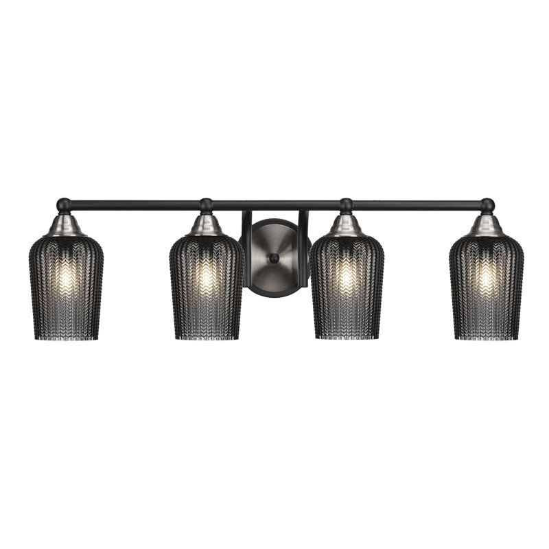 Barre d'éclairage de salle de bain 4 lumières Michell avec verre texturé fumé 5 po, Noir mat/nickel brossé