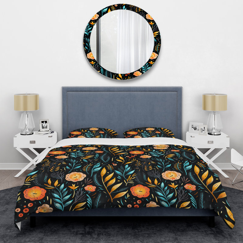 Ensemble de housse de couette à motif floral orange et bleu Tribal Botanical, Housse de couette pour très grand lit et 2 très