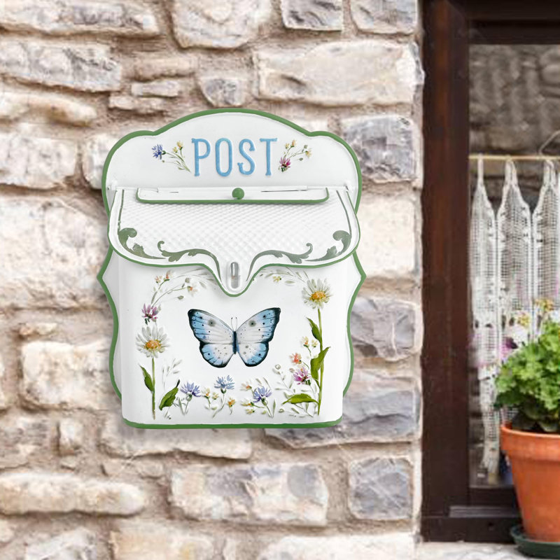 Boîte aux lettres murale pour l'extérieur Boîtes aux lettres rétro pour la maison à l'extérieur Boîte de dépôt en métal Style antique charme nostalgique décoratif à la maison, motif papillon, blanc