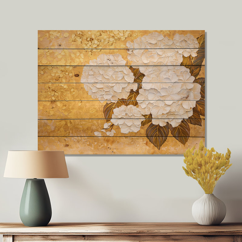Harmonie d'hortensias dorés II - décoration murale en bois d'hortensias sur bois de pin naturel
