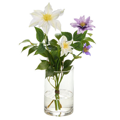 Faux Clematis Arrangement in Glass Vase