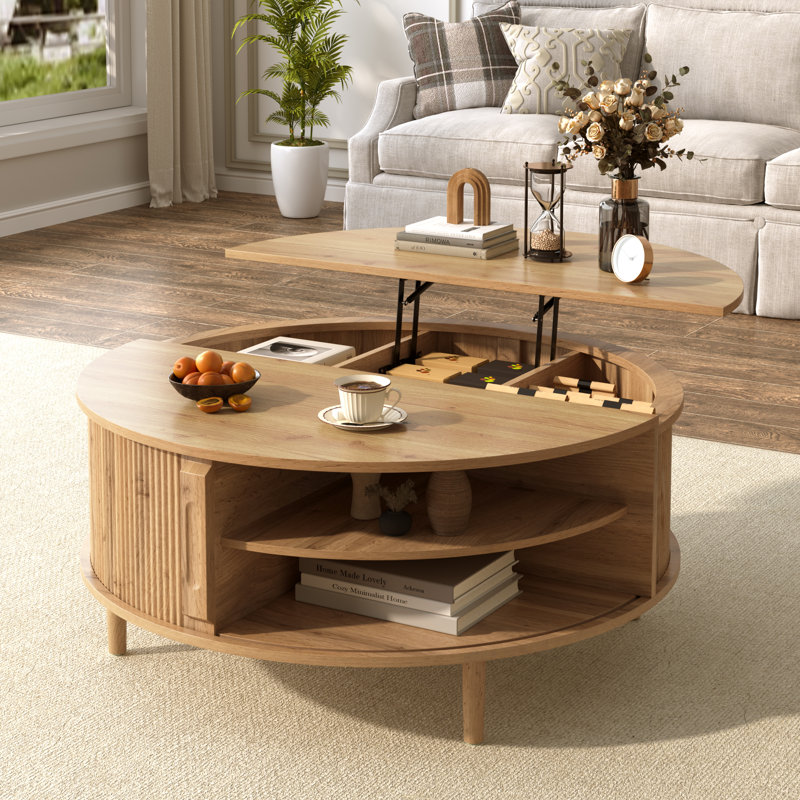 Table basse à plateau relevable rond de 39 pouces avec rangement caché, porte coulissante, pieds en pin massif et finition bois ondulé