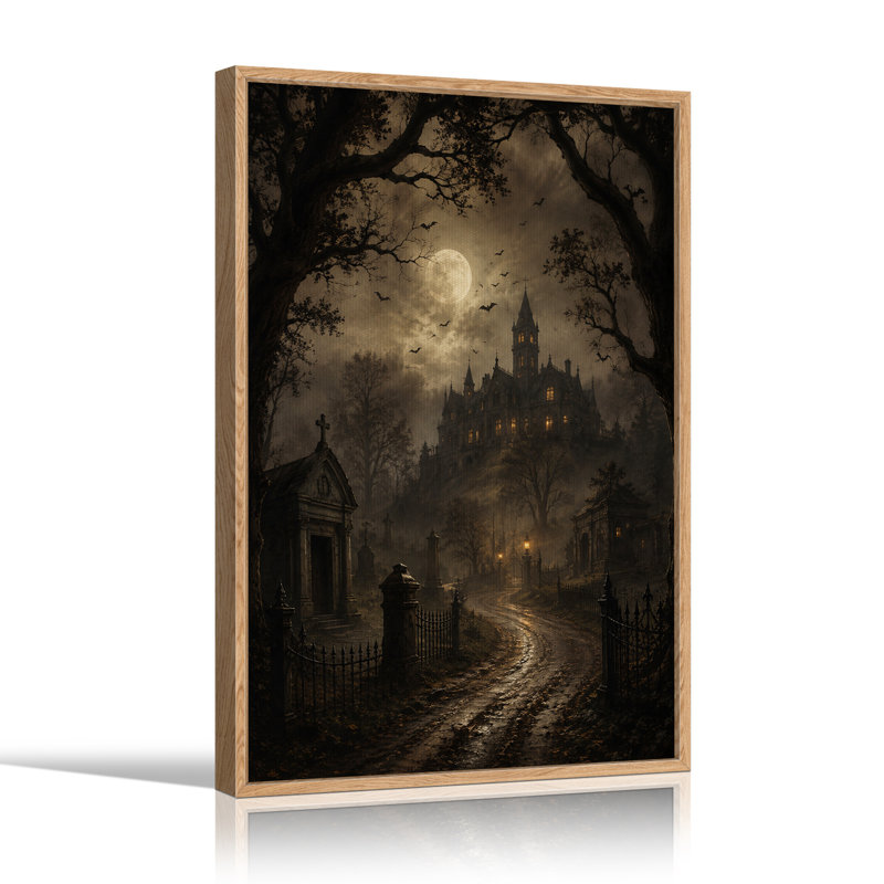Impression sur toile, "Gothic Castle on Hill Under Full Moon With Bats", H 48 po x l 32 po