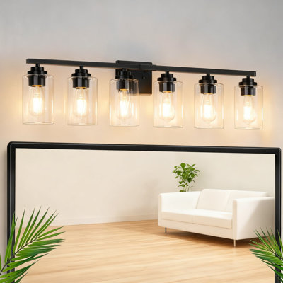 Luminaire de meuble-lavabo 6 lumières, éclairage de salle de bain moderne de 38 po avec abat-jour en verre transparent, applique murale en métal noir mat pour miroir, salon, chambre à coucher et porche
