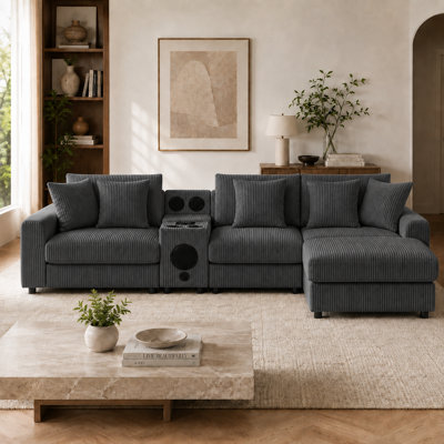 112'' L-Shaped Corduroy Sectional Sofa with Bluetooth Speakers, Console, USB & Wireless Charging, Cup Holders, Storage and Movable Ottoman