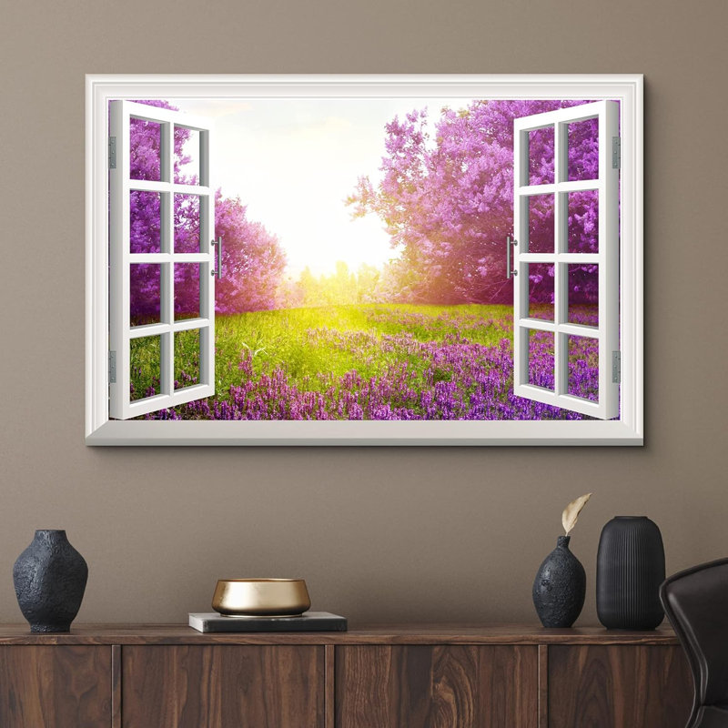 Fenêtre, paysage, fleur mauve et prairie verte sous un soleil éclatant - impression sur toile tendue, H 16 po x l 24 po
