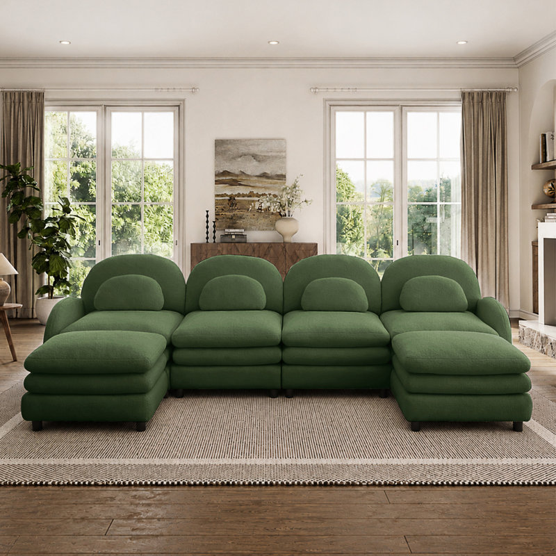 Canapé modulaire incurvé modulaire avec repose-pieds et coussins double couche, L 129,1 po, Ours en peluche vert