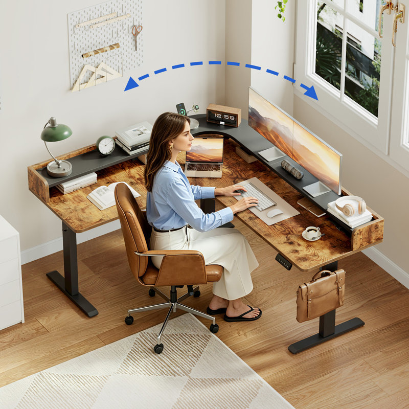 Bureau debout à hauteur réglable en L 62,9 pouces avec tablette pour moniteur et bureau de coin assis-debout avec rangement pour postes de travail, brun rustique