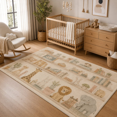 "Ultra Thin" 5' x 7'Storybook Animal Bookshelf Area Rug, Soft Low Pile Indoor Rug with Non-Slip Silicone Backing, Nursery Carpet for Kids Room, Playroom, Kids and Pets, Beige Pastel