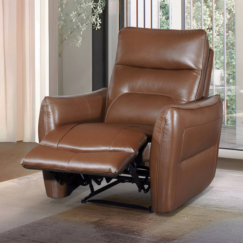Salon principal électrique au fini brun caramel de style contemporain avec fonction inclinable et accoudoirs à passepoil évasé