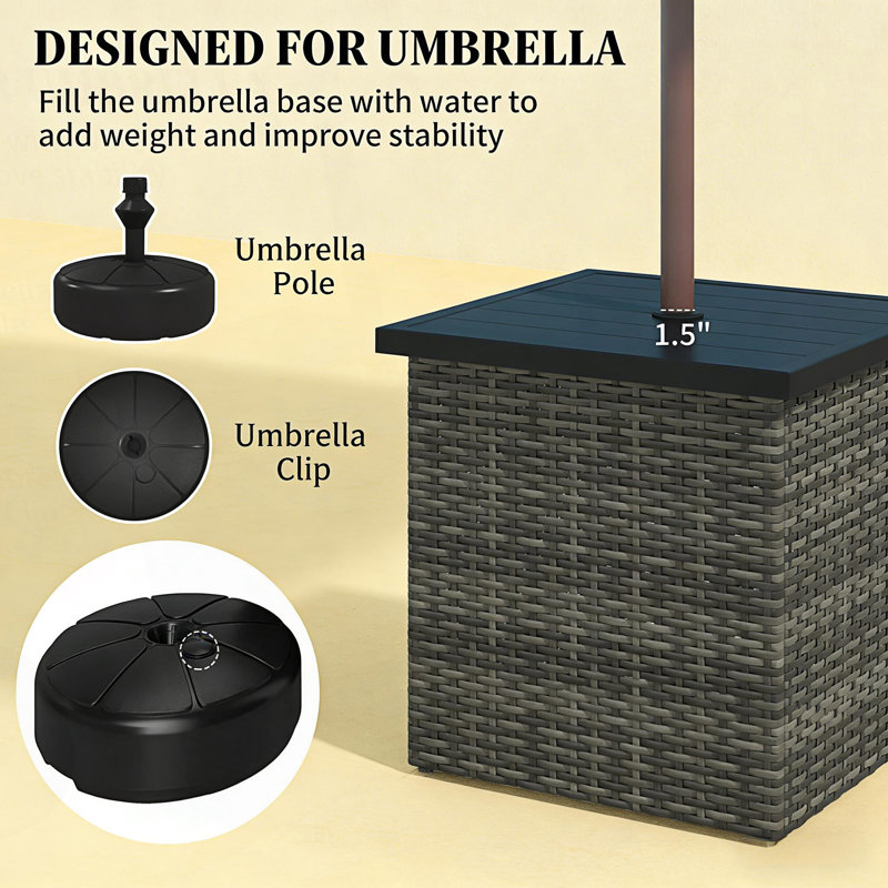 Square Outdoor End Table, Wicker Side Table With Umbrella Hole, Gray