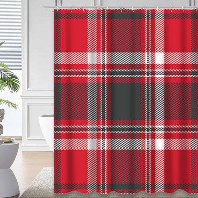 Red Dark Grey Plaid Seamless White Shower Curtain with 12 Hooks