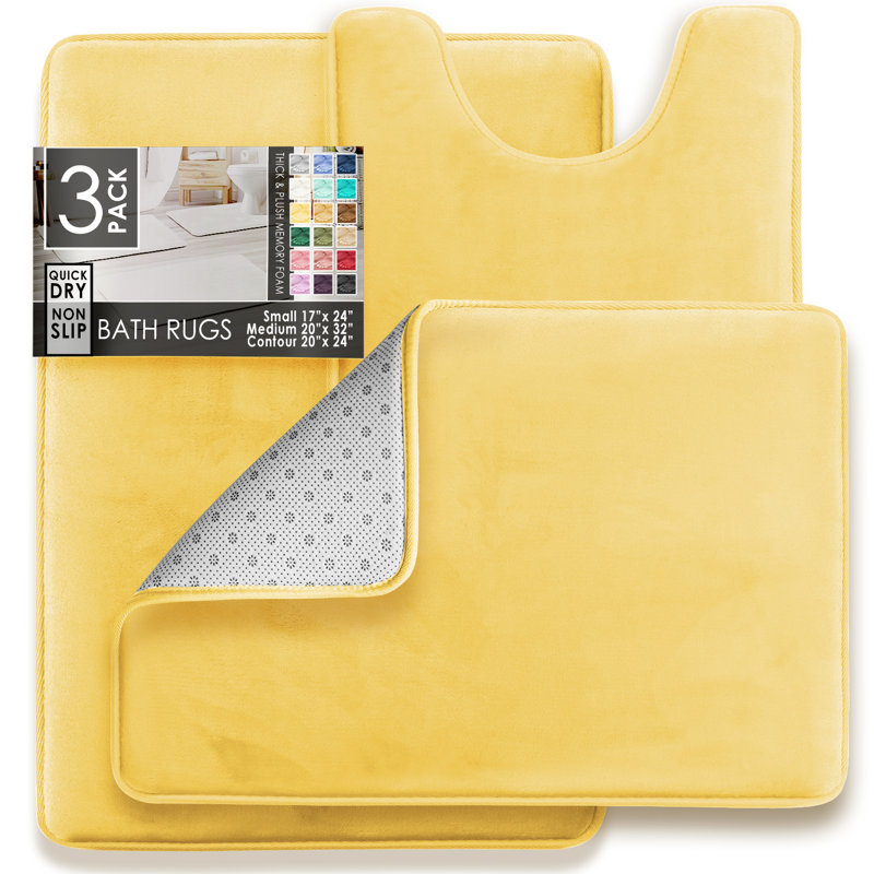 Aighan 3 Piece Ultra Soft and Absorbent Memory Foam Bath Rug Set with Non-Slip Backing, Custard Mellow Yellow