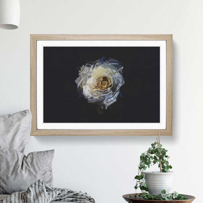 A Crisp White Rose in Abstract - Picture Frame Graphic Art Print, 27cm H x 36cm W x 2cm D, Oak Framed
