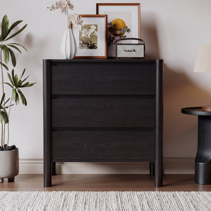 Commode 3 tiroirs avec pieds en bois massif pour chambre à coucher, salon, noir, Noir