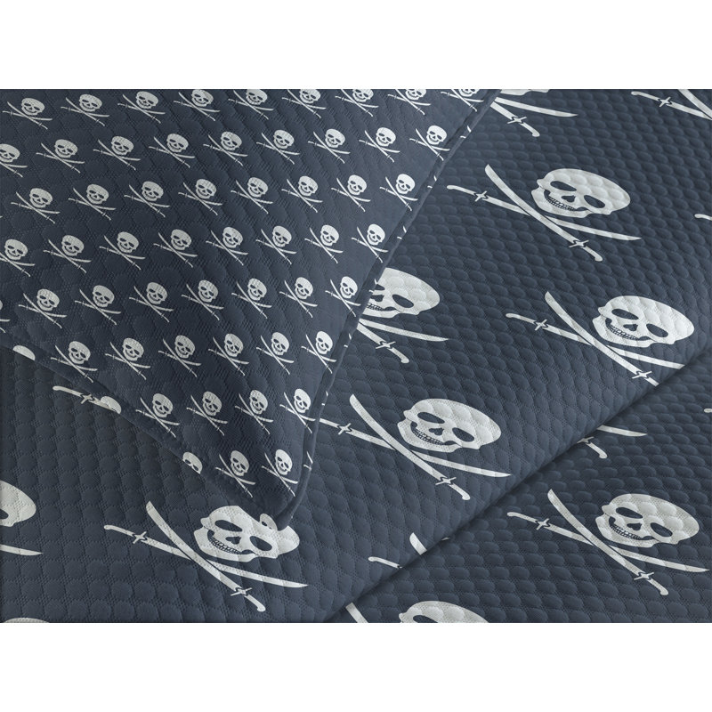 Ambesonne Pirates Bedspread Set Jolly Roger Pattern Dark Blue White, King Bedspread + 2 Standard Shams