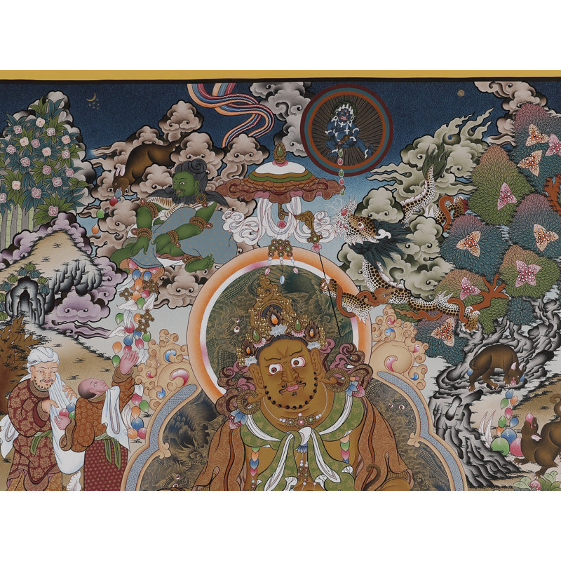 Thangka «Kubera - dieu tibétain de la richesse et de l'abondance» peint à la main | Toile de coton H 35,4 po x l 25,6 po avec feuille d'or véritable 24 carats