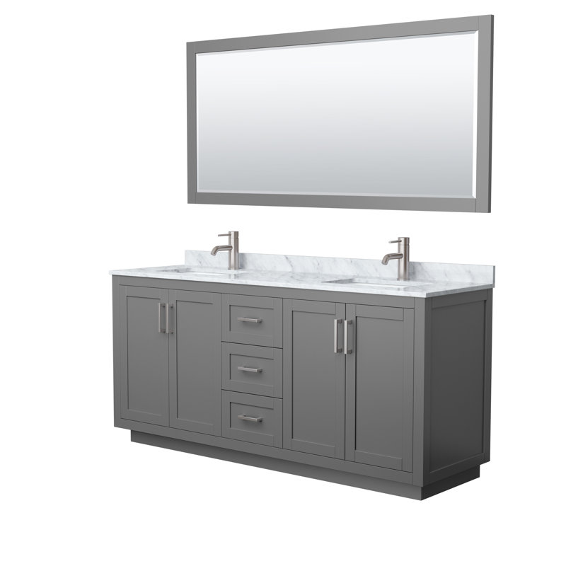 Miranda 72" Freestanding Double Bathroom Vanity with Marble Top with 70" Mirror, Dark Gray, Brushed Nickel