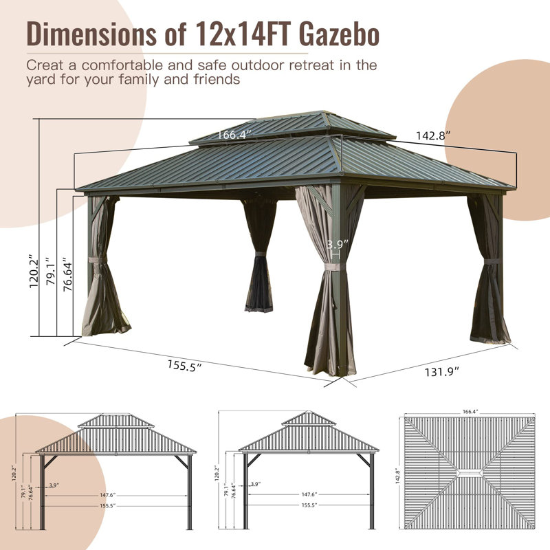 Galvanized Steel Patio Gazebo with Overhang Slope-design Double Roof, 14 ft x 12 ft, Brown