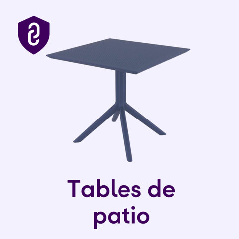 Table de patio carrée bleu foncé avec un pied central à trois branches.