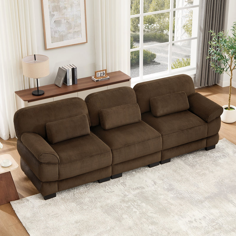Canapé modulaire 3 places en velours côtelé et accoudoirs convertibles, 104" W, Brown Corduroy