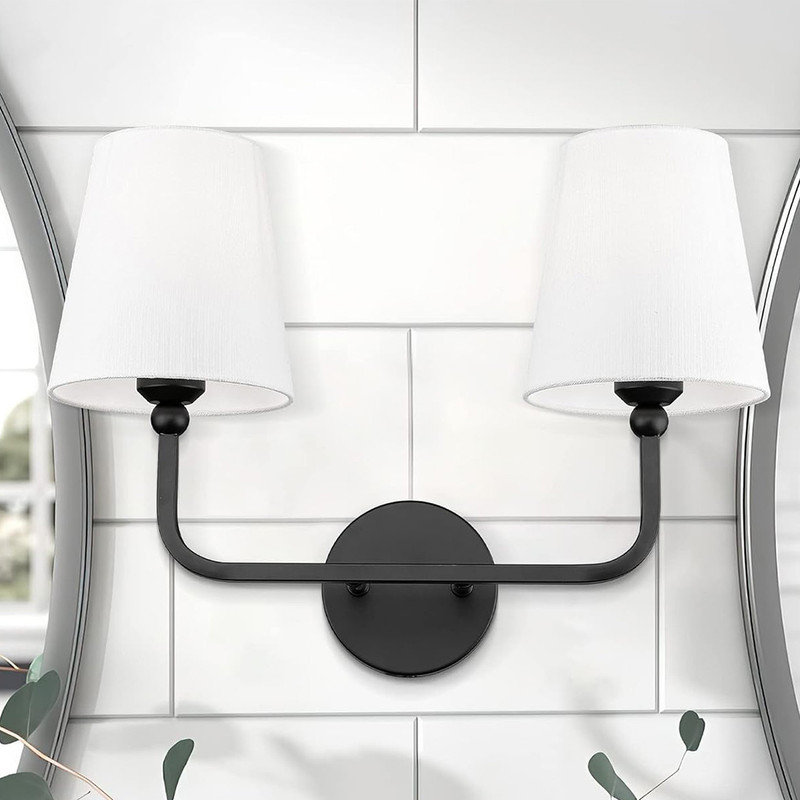 Matte Black 2-Light Wall Sconce with White Fabric Shades